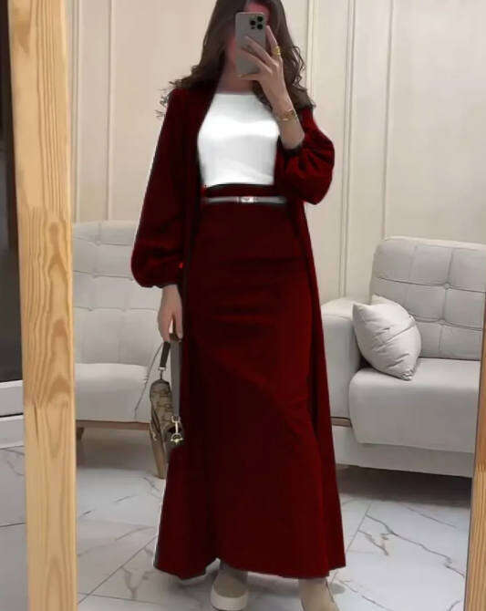 Women's Satin Puff Sleeve Dubai Elegant Cardigan Robe Tie Half Two-Piece Set B5