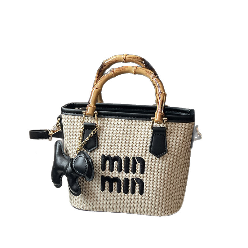 Designer Handbag for Women High-End New Trendy Bucket Straw Woven Bamboo Tote Beach Shoulder Light Luxury Women's Bag