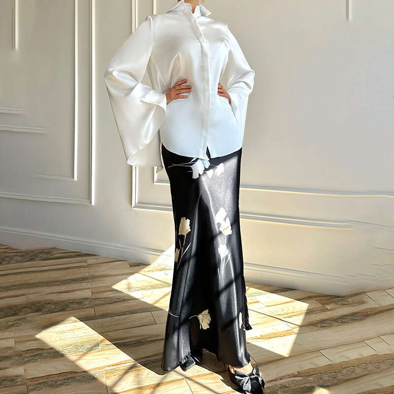 Women's Clothing Spring New POLO Collar Satin Shirt Elegant Half Skirt Set B5