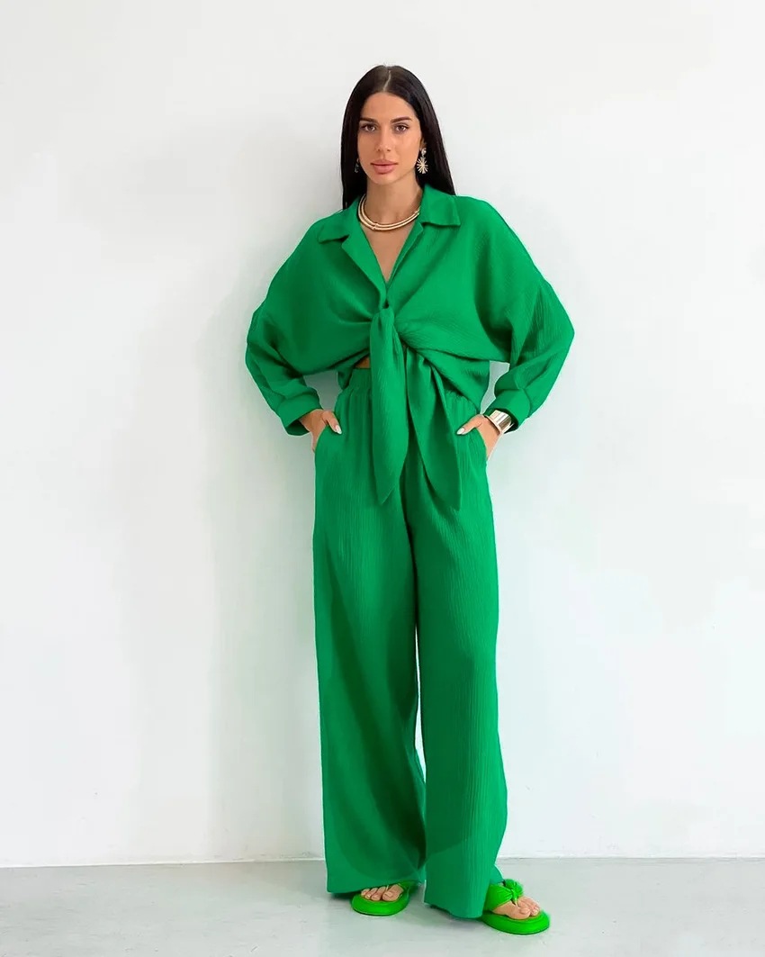 Women's Two Piece Pants 2 Set Autumn Women Crop Top Shirt Wide Leg Pant Fashion Solid Simple Leisure Time Party Suit