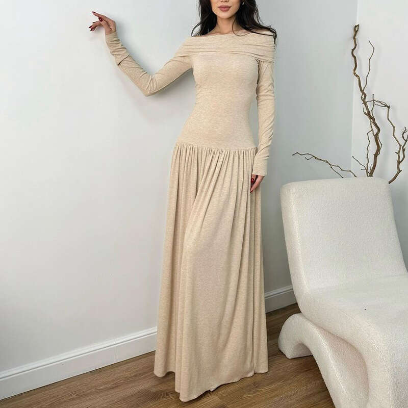Spring Women's Fashion Casual Elegant French Off-Shoulder Sexy Slim Long Dress B5