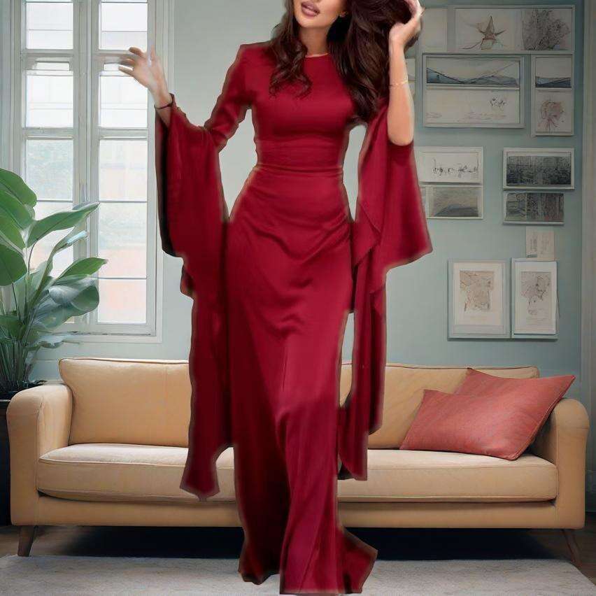 Summer New Round Neck Flared Sleeve Women's Sexy Slim Evening Dress B5