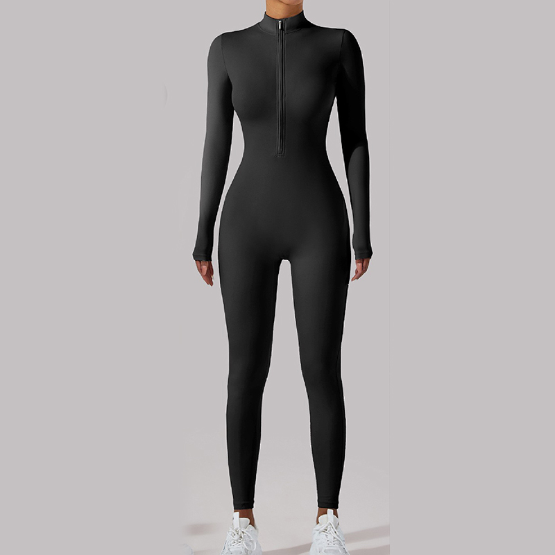 European & American Style Naked-Feel Half-Zip Long One-Piece Yoga Bodysuit for Women, Slim-Fitting, Butt-Lifting, Tight-Fitting Full-Length Sports & F