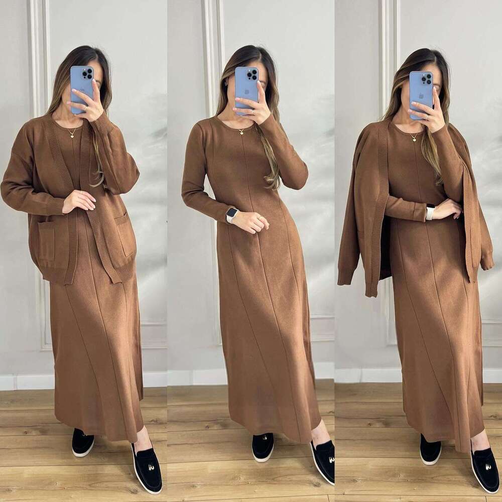 Women's Clothing Autumn New Fashion Casual Knitted Jacket Dress Sweater Set B5