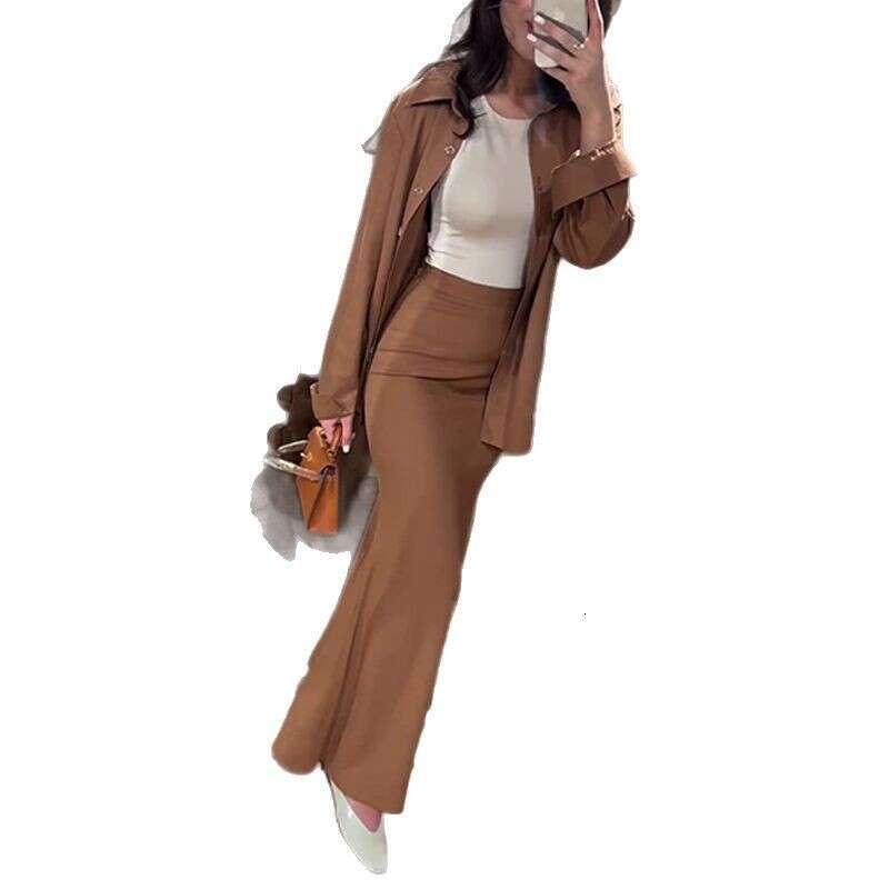 Comfortable Casual Loose Sleeve Shirt Elastic Waist Long Skirt Two-Piece For Women Solid Color Summer New Thin Set B5