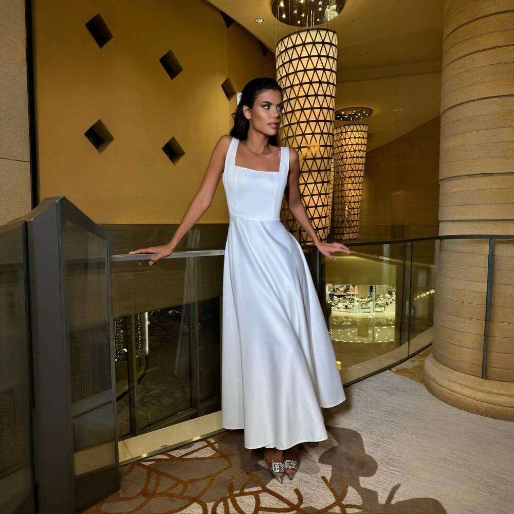 Summer New Solid Color Square Neck Sleeveless Strap Youth Long Fashion Women's Dress B5