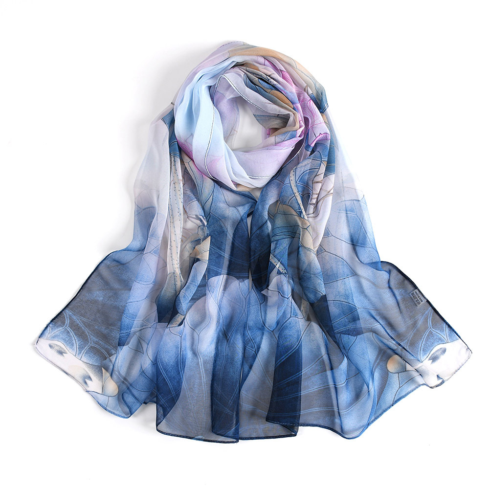 K1364 Leaf print georgette silk scarf scarf clothing accessories Korean version of the popular pastoral lotus pattern silk scarf long scarf