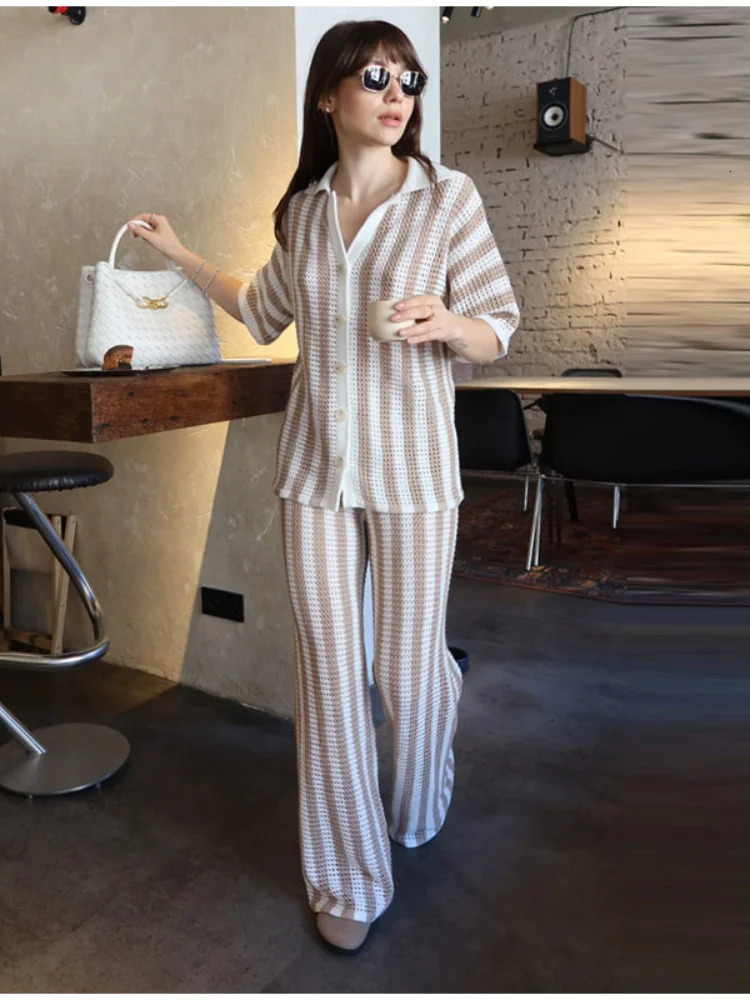 Womens Fashion Knitted Striped Pants Set Casual Lapel Short Sleeve Single Breasted Shirt Wide Leg Trouser Lady Chic Outfit 250714