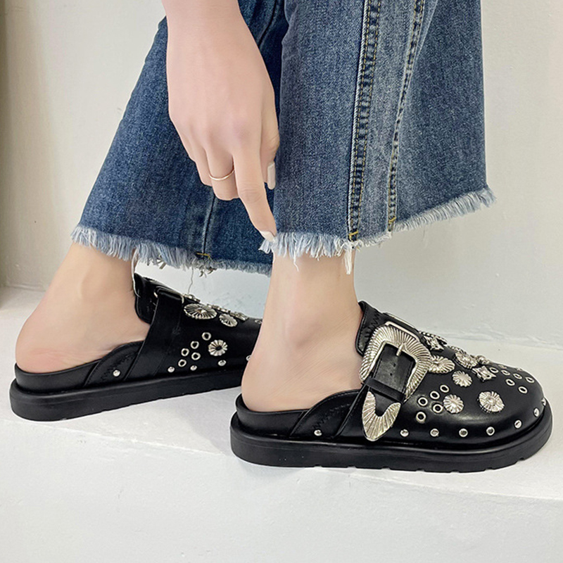 designer slides summer flats slippers womens sandals sliders vintage british rivet gothic slipper comfort casual mules outdoor luxury sandal size 35-4