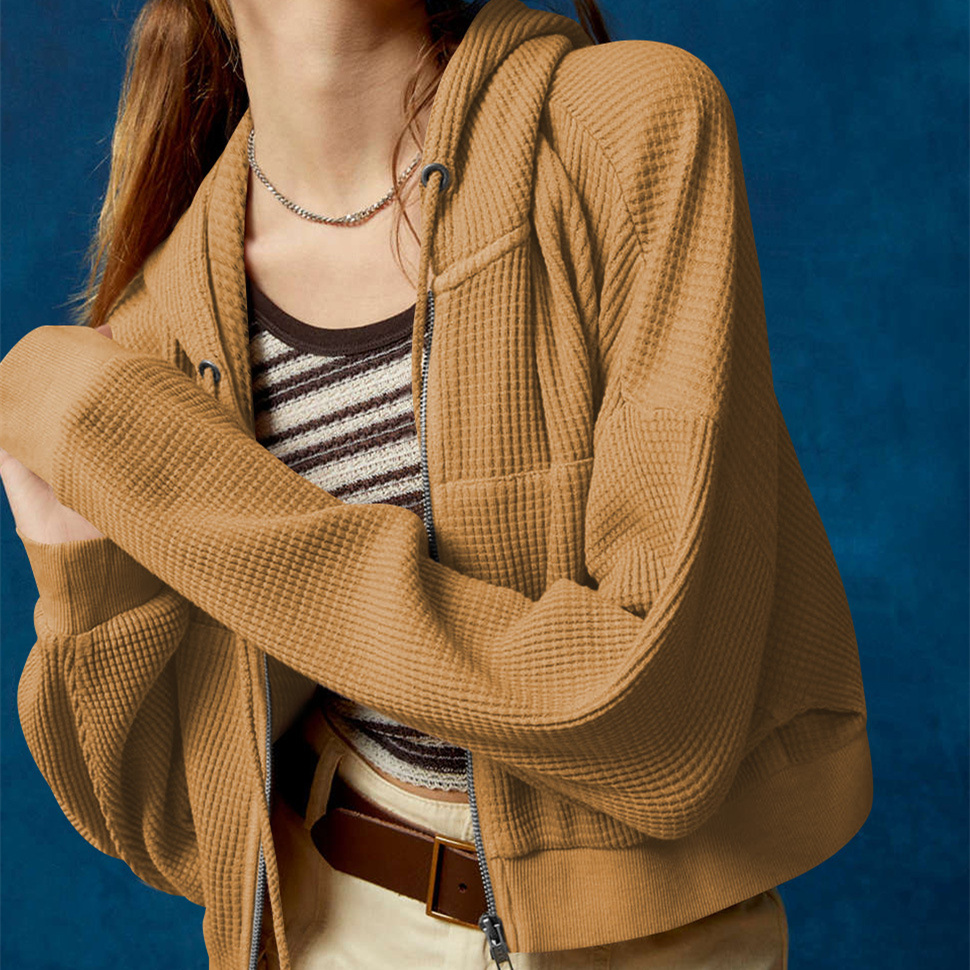 new Free shipping designer for women Casual hoodie women hooded zipper cardigan waffle solid color short jacket