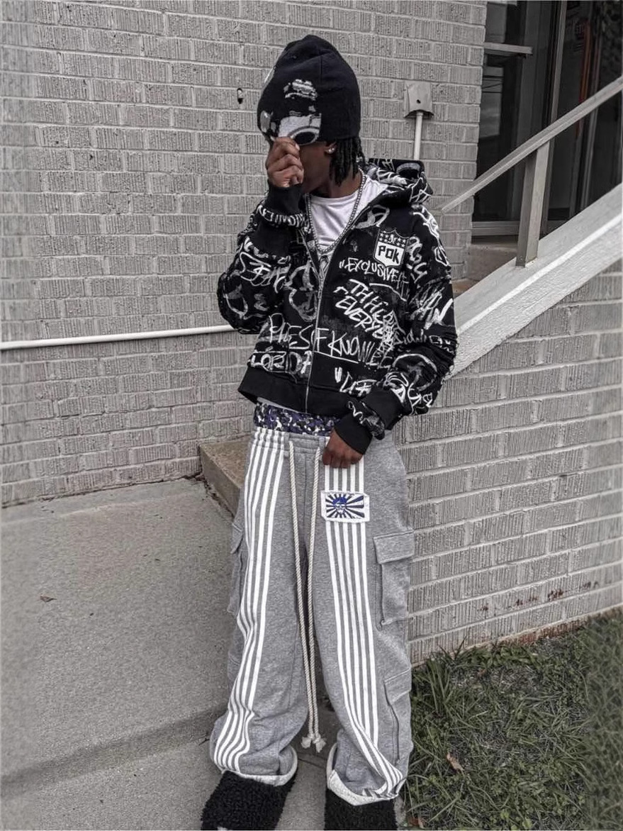 American high street workwear double waisted sweatpants leaf camouflage heavy striped loose wide leg pants y240910