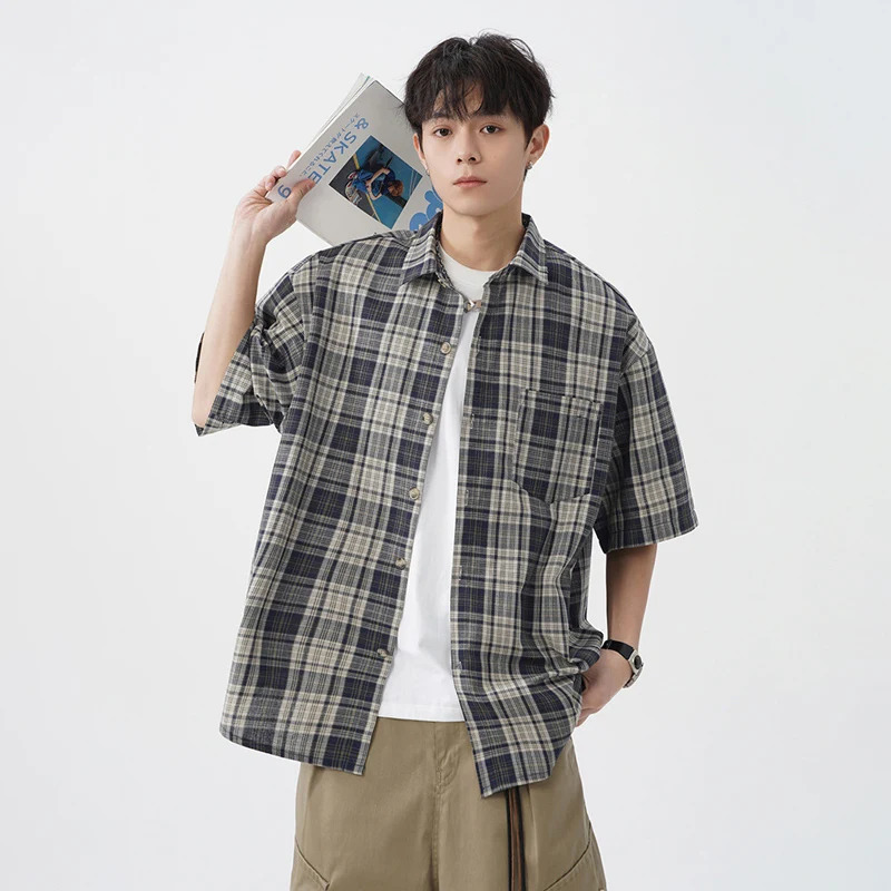 TFETTERS Vintage Plaid Shirts Mans Spring Summer Baggy Short Sleeve Shirts for Men Korean Fashion Clothes Teenagers 250715