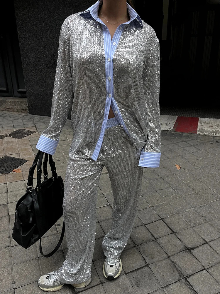Mozision Sequin Loose Pants Two Piece Sets Women Patchwork Long Sleeve Shirt And Trouser Female Elegant Long Pants 2 Piece Sets 250714