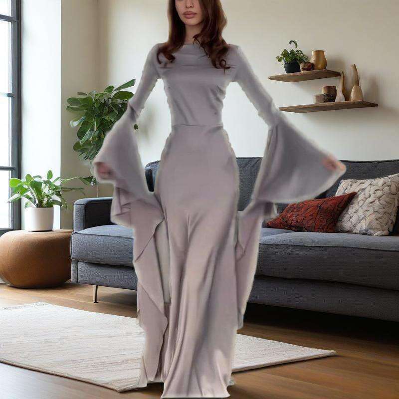 Summer New Round Neck Flared Sleeve Women's Sexy Slim Evening Dress B5