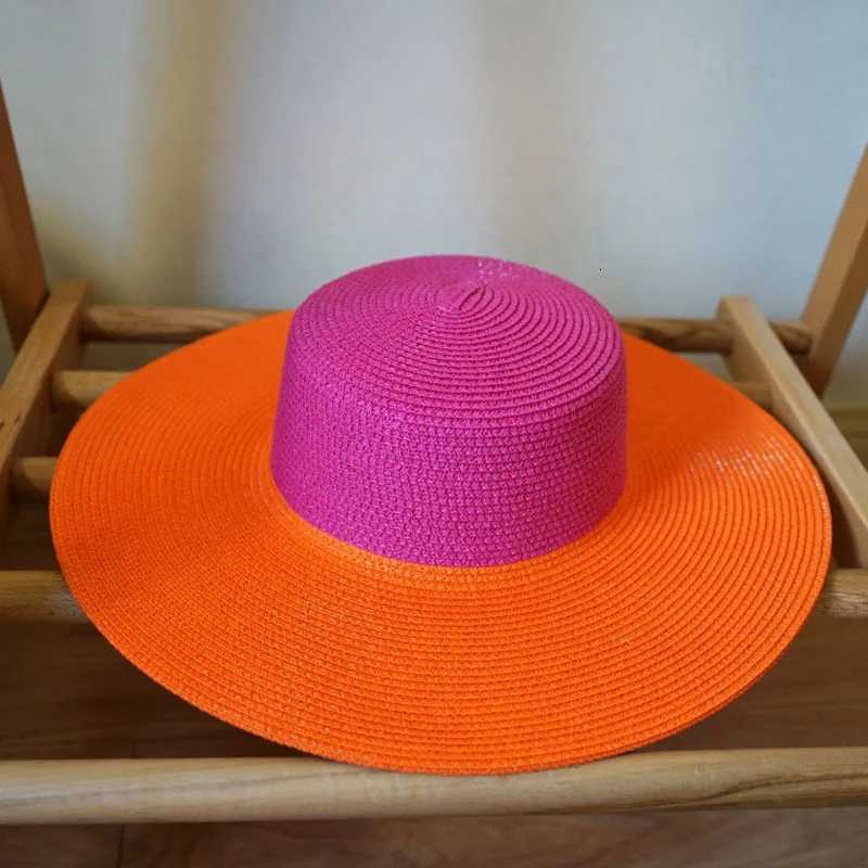 Wide Brim Hot Pink Orange Patchwork Str Hats Flat Top Boater Hat Ladies Church Wedding Party Hat Dey Vocation Beach Hat W250715 - view 5