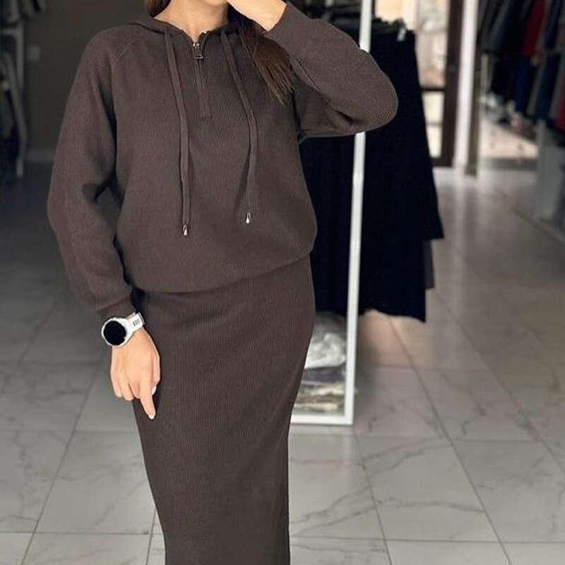Knitted Sweater Women's Autumn New Hooded Sweatshirt Fashion Casual Skirt Set B5