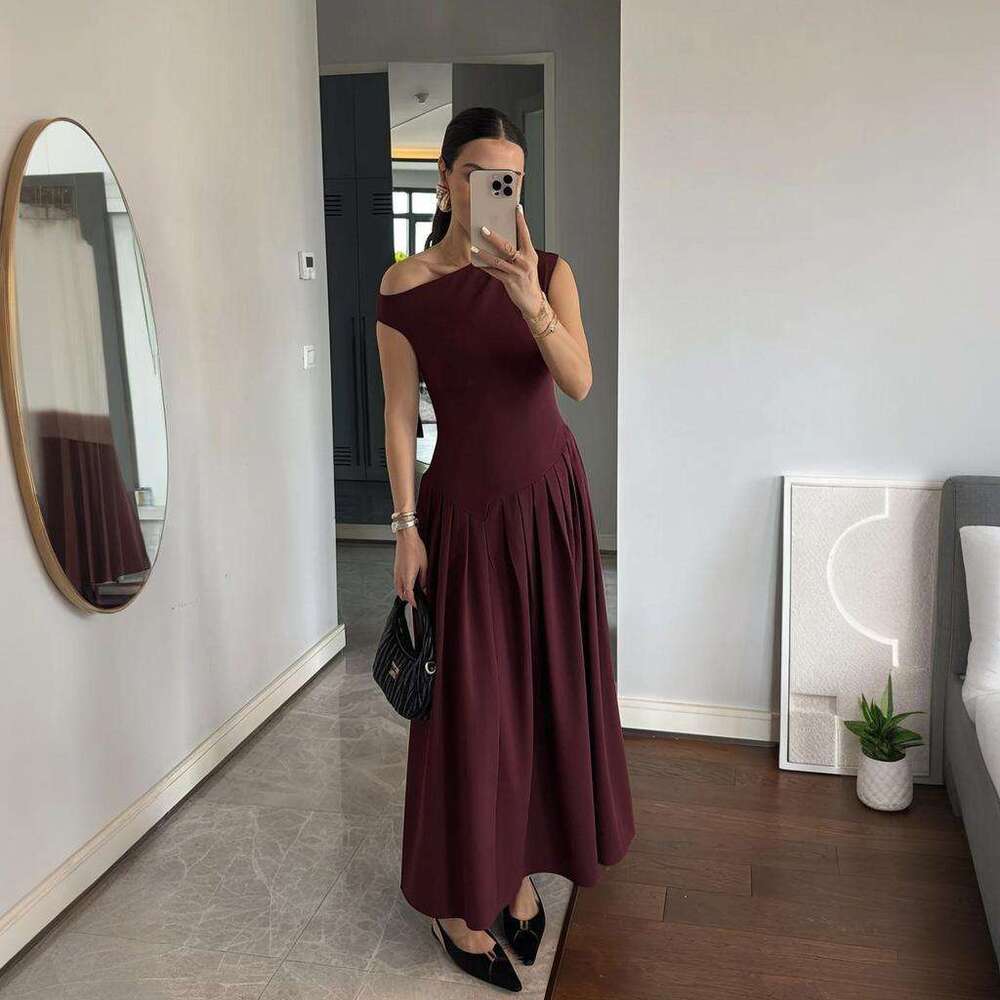 Summer New Style Asymmetrical Shoulder Patchwork Solid Color Sexy Women's Slim Fit Dress B5