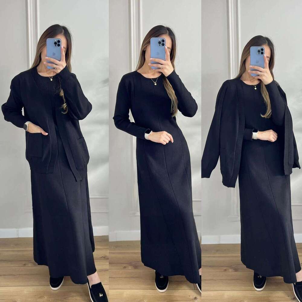 Women's Clothing Autumn New Fashion Casual Knitted Jacket Dress Sweater Set B5