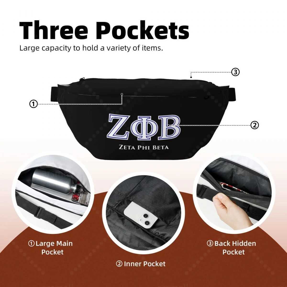 Zeta Phi Beta Travel Waist Pack Personalized Unisex Crossbody Bag Sling Bag with Adjustable Strap for Sports Outdoor
