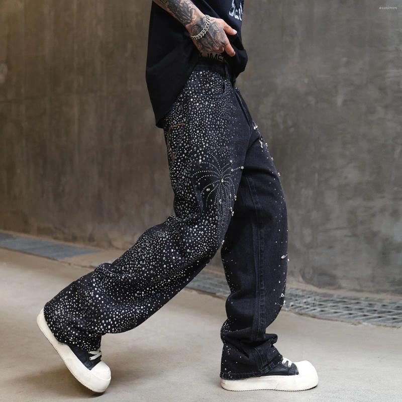 Men's Jeans Men Crystal Denim Loose Rhinestone Black Pants Punk Luxurious Design Hip Hop Streetwear Straight Trousers
