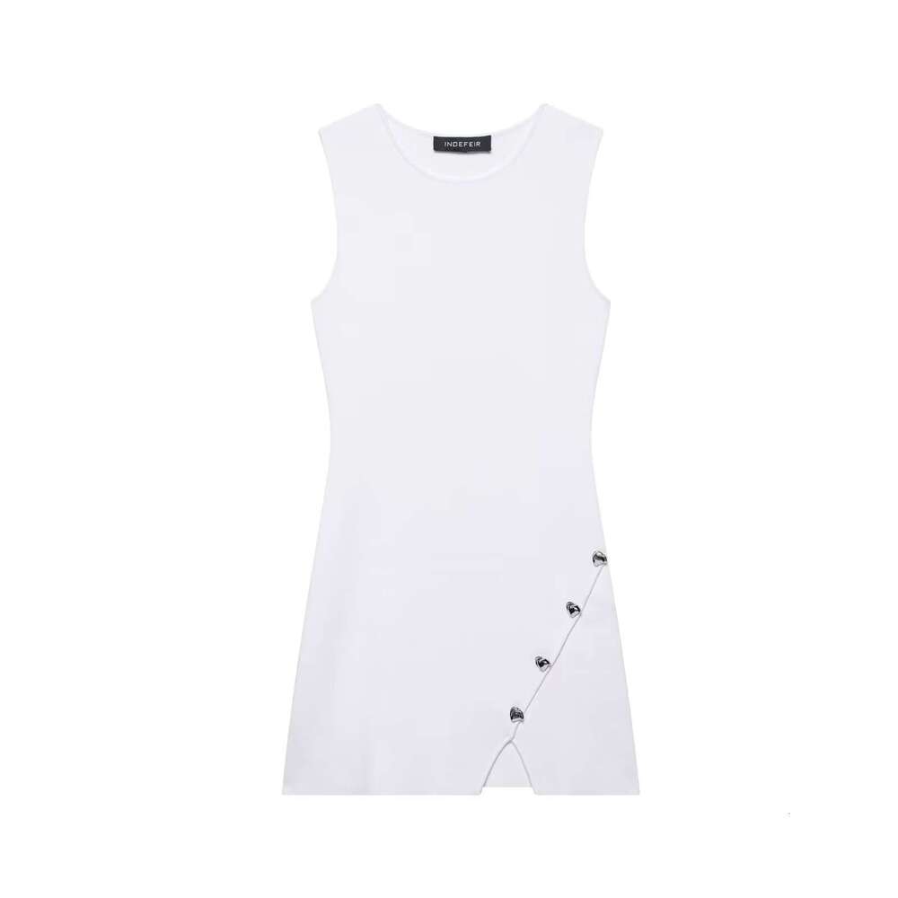 TRAFZA Women's Summer Round Neck Sleeveless Irregular Button Decor Knitted Dress B5