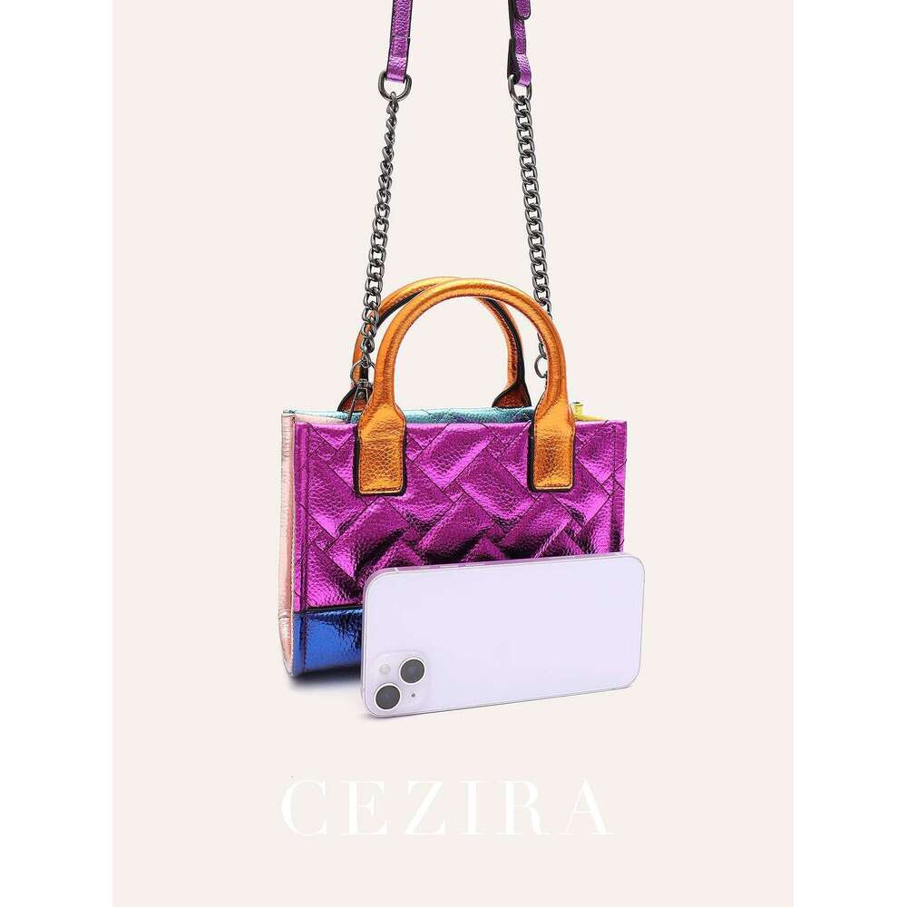 CEZIRA Women's Fashion Metallic Contrast Color PU Leather Handbag Two Sides Thread Top-Handle Tote Adjustable Strap Shoulder Bag