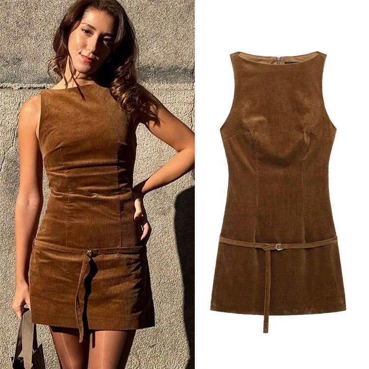 TRAFZA Spring And Autumn New Women's Fashion Hot Girl Belted Corduroy Dress B5