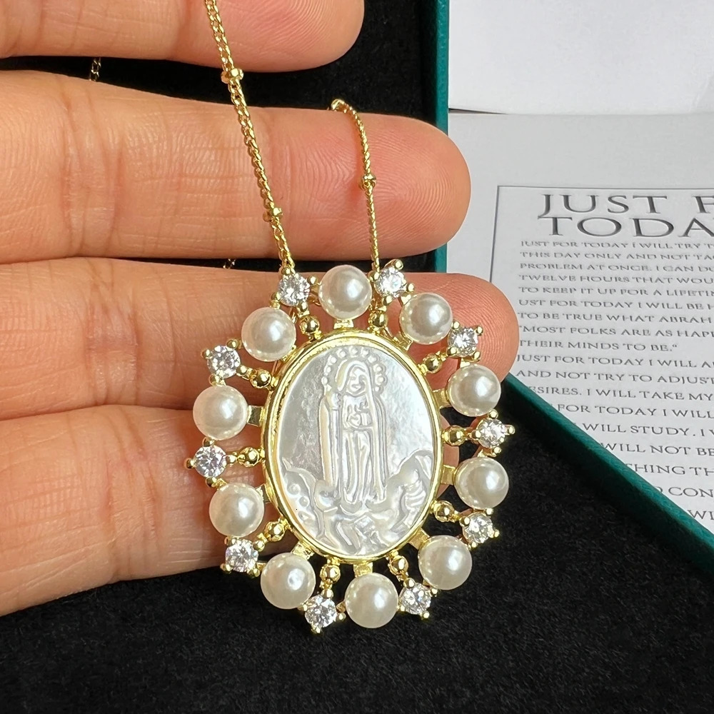Natural Mother Pearl Shell Virgin Mary Guadalupe Charms Necklace Religious Medals San Benito Pendant Jewelry for Women Gift 250711