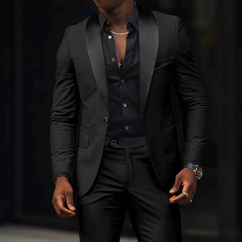Fashion Men's Suits 2 Pieces Stretch Fabric Double Slit Solid Color Business Slim Dress Blazers Jacket Suit Coat Pants Trousers