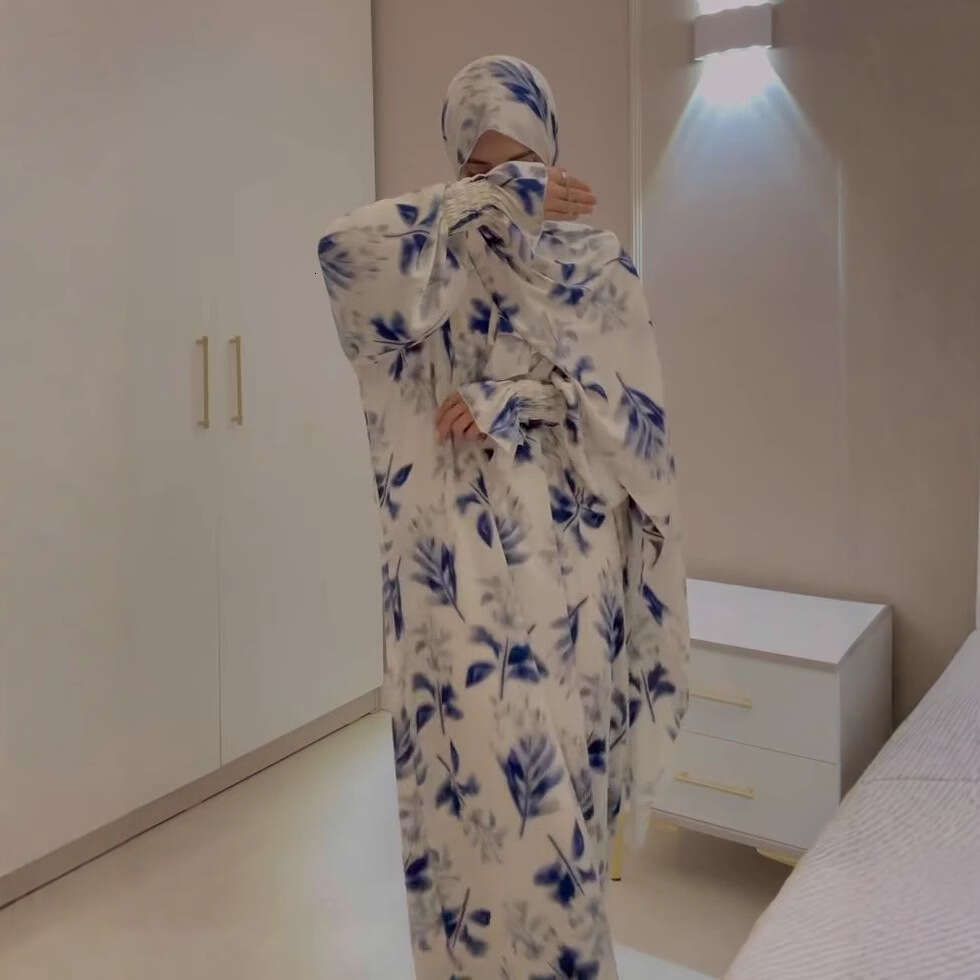 Summer Women's Long Sleeve Printed Robe Waist-Cinching Elegant Fashion Dress B5