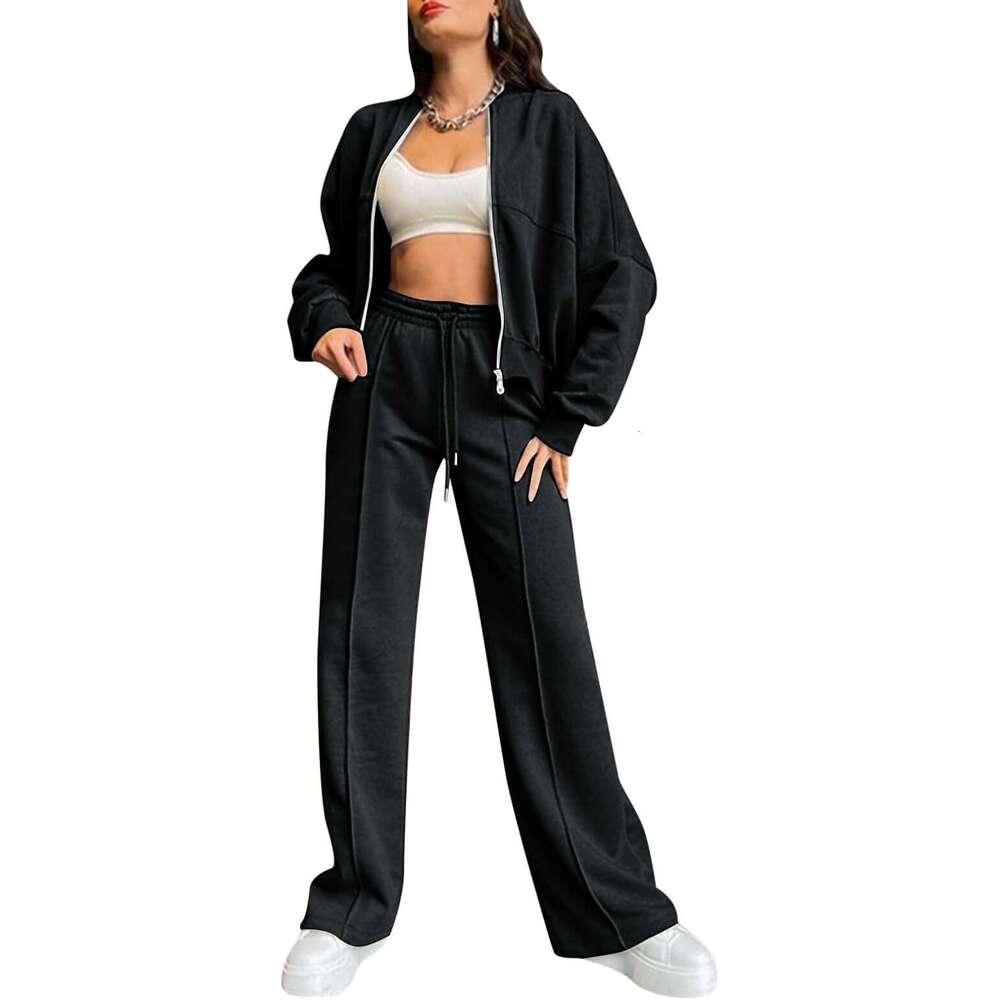Spring Round Neck Fashion Simple Elegant Sweatshirt Jacket Casual Straight Pants B5