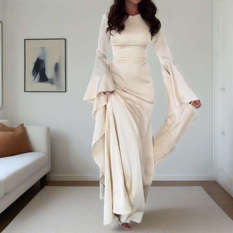 Summer New Round Neck Flared Sleeve Women's Sexy Slim Evening Dress B5