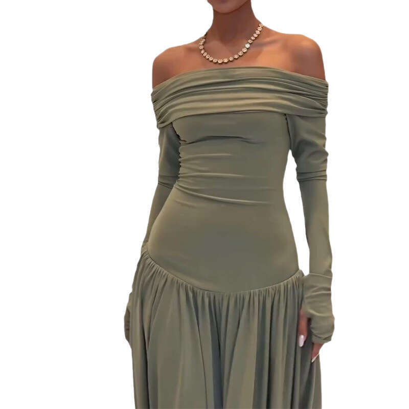 Spring Women's Fashion Casual Elegant French Off-Shoulder Sexy Slim Long Dress B5