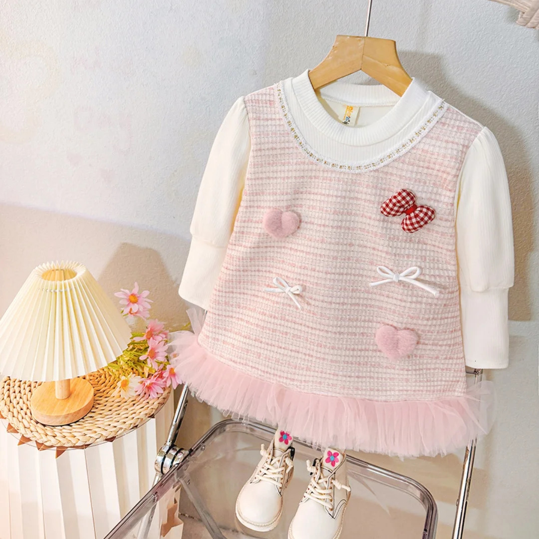 Baby Girl Dress Spring And Autumn Bow And Love Pattern Knitted Plaid Long-Sleeved Baby Dresses Cute Casual Girl Kids Dress 250715