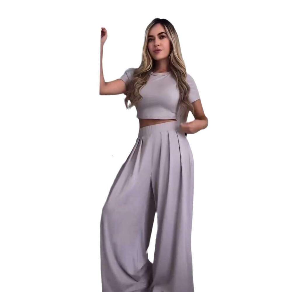 Summer Women's Round Neck Solid Color Sexy Wide Leg Pants Fashion Casual Set For Women B5