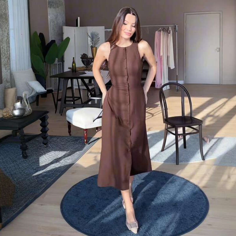 Summer New Women's Sleeveless Button Waist-Cinching Elegant Fashion Dress B5