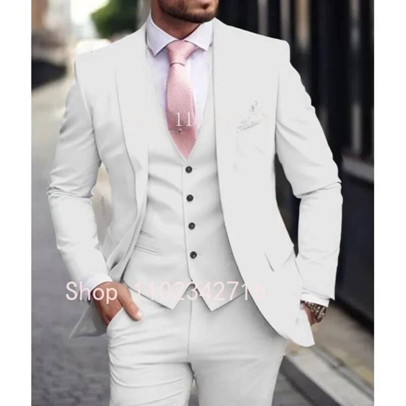 Pink Men Suits 2024 Slim Fit 3 Piece Jacket Pant With Vest Groom Wedding Tuxedo Costume Homme Formal Ocn Terno