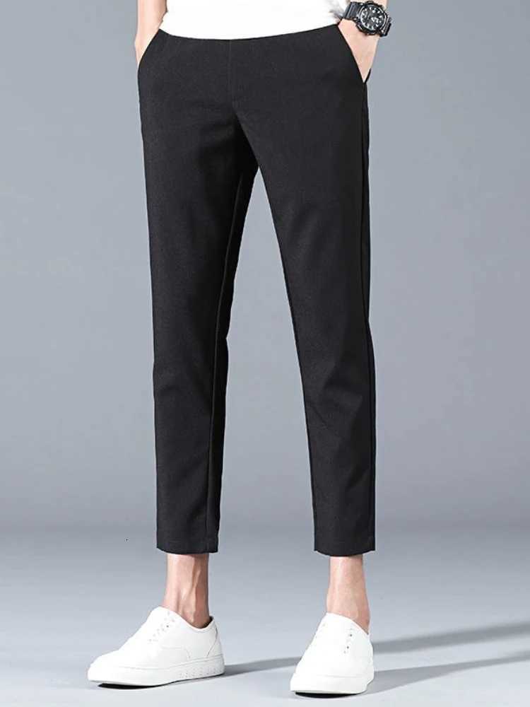 Blue Straight Slim Fit Thin Mens 9 Cropped Suits Pants Casual Korean Reviews Many Summer 2025 New Work Wear Male Suit Trousers W250715