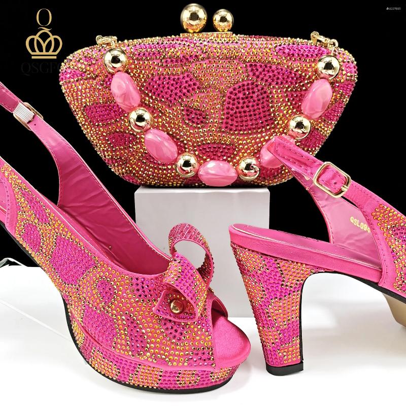 Dress Shoes Italian Design Hard Bag & Open Toe High Heels Set Fuchsia Color Blocking Rhinestones Fashion Sexy Women