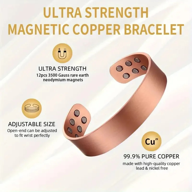 Solid Pure Copper Hypoallergenic Heavyweight Magnetic Cuff Bracelet for Men - Strong 12 Magnets with 3500 Gauss 250712