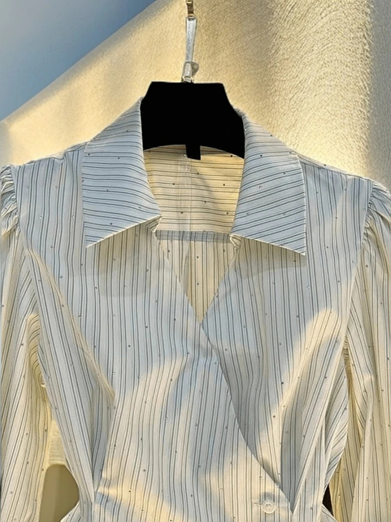 French Striped Long Sleeved Shirt Women Autumn 2025 Elegant Turndown Collar Waist Cinched Top Temperament Dress Hemline Blouse 250714