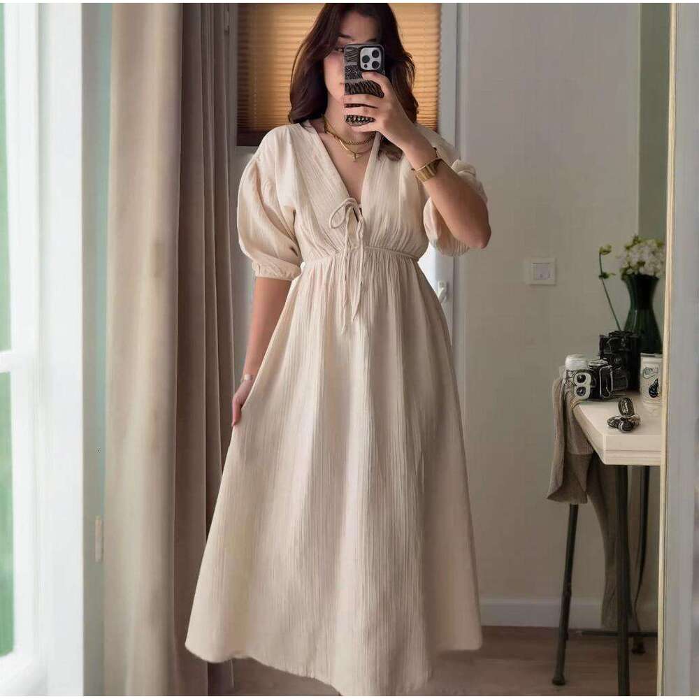 Summer New V-Neck Women's Sexy Puff Sleeve Slim French Mid-Length Dress B5