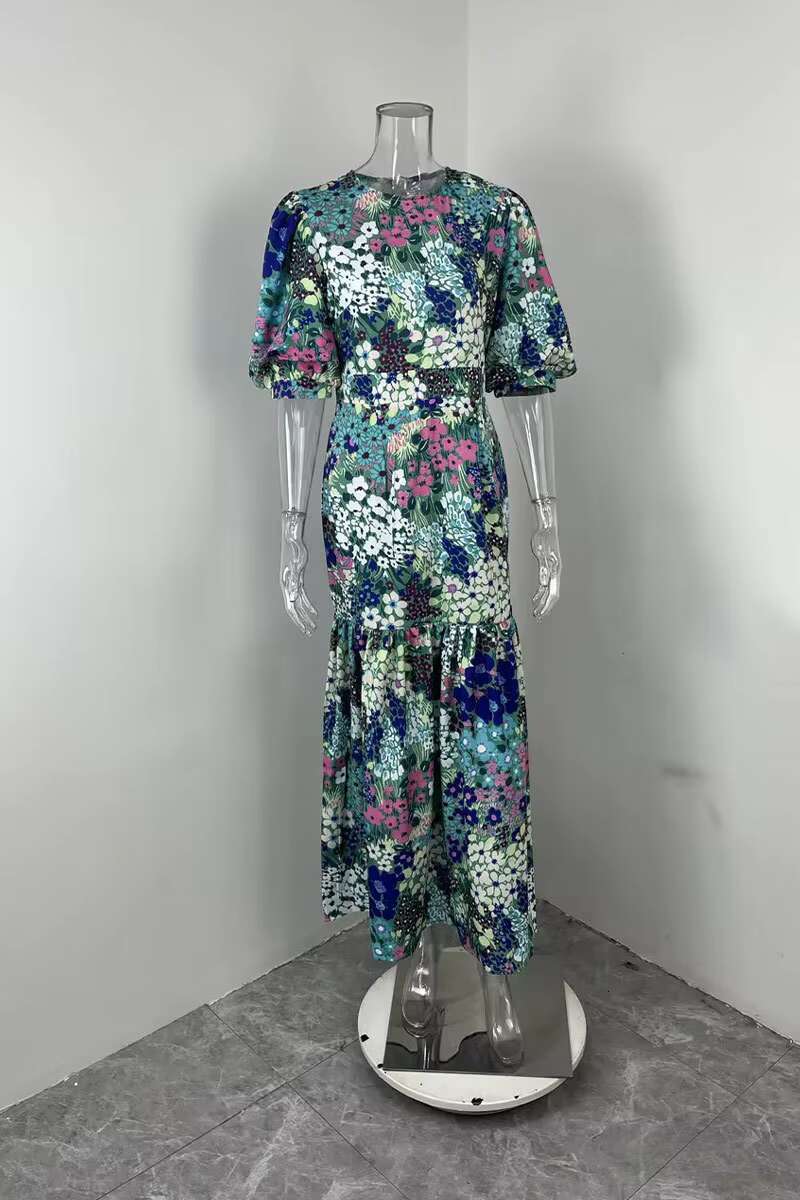 VEITCHE Summer Elegant Women Blue Flower Print Lantern Sleeve And Ankle Slim Bodycon O-neck Pastoral Style Party Dress dongdumaoyi