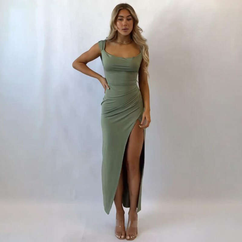 Women's Clothing Summer Square Neck Sexy Slit Solid Color Elegant Tie Dress For Women B5