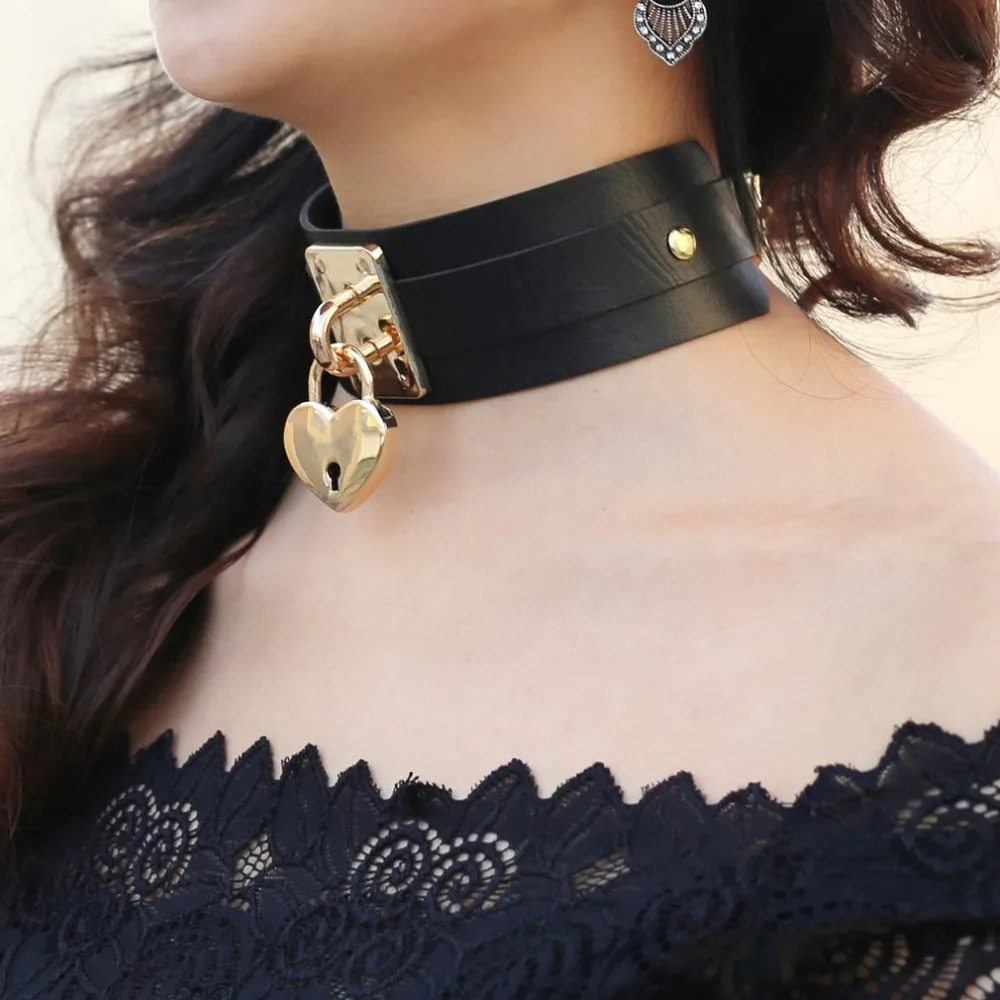 KMVEXO Gold Color Heart Choker Necklace Leather Collar Goth Maxi Harness Necklaces Women Black Gothic Chocker Punk Jewelry 250714