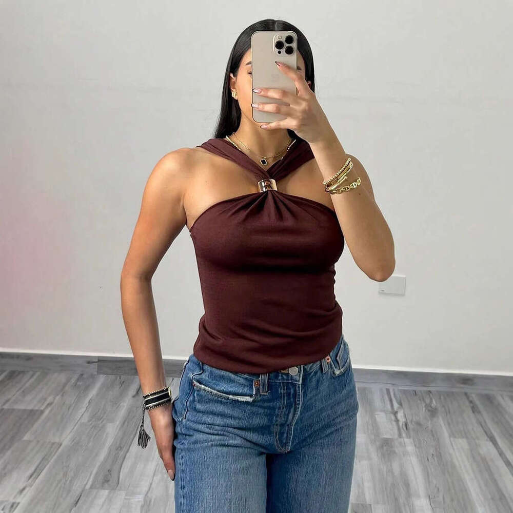 TRAFZA New Style Women's Clothing Classic Gold Embellished Halter Neck Knitted Top Vest B5