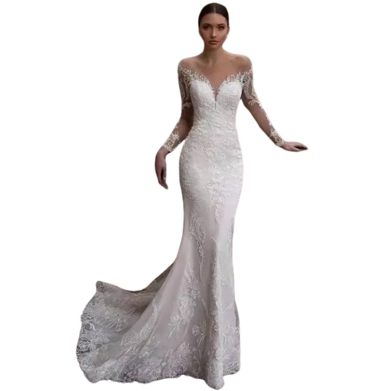 Boho Lace Mermaid Wedding Dresses Long Sleeves Appliques Sheer Back Buttons Charming Bohemian Beach Bridal Gowns Summer Robe De Mariee Sweep Train