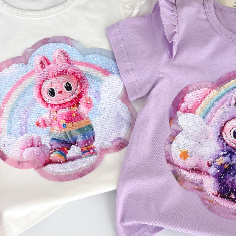 LABUBU children's clothing designer short-sleeved T-shirt color-changing sequin children's clothing casual T-shirt printed design clothing s