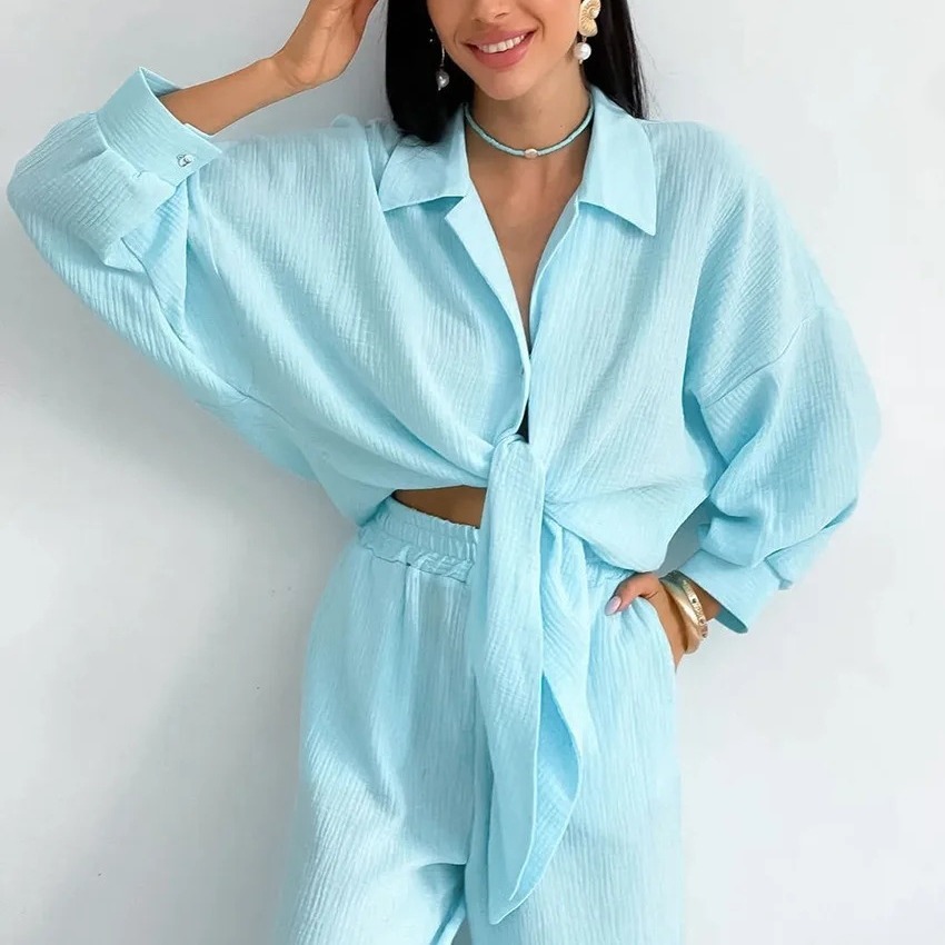 Women's Two Piece Pants 2 Set Autumn Women Crop Top Shirt Wide Leg Pant Fashion Solid Simple Leisure Time Party Suit