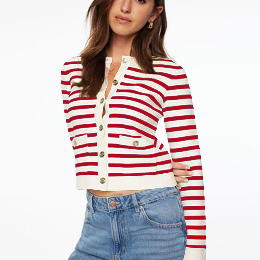 hot Free shipping designer for women Elegant and sophisticated jacket with women buttons and short striped cardigan